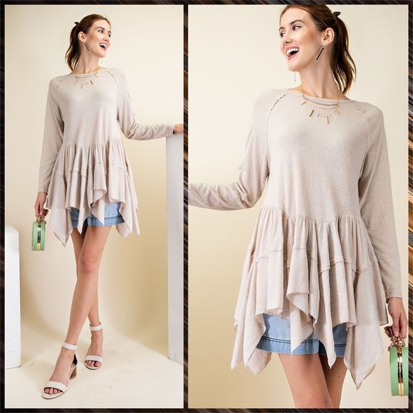 EASEL Long Sleeved Asymmetrical Ruffled Hem Lightweight Tunic Top - Picture 6 of 14